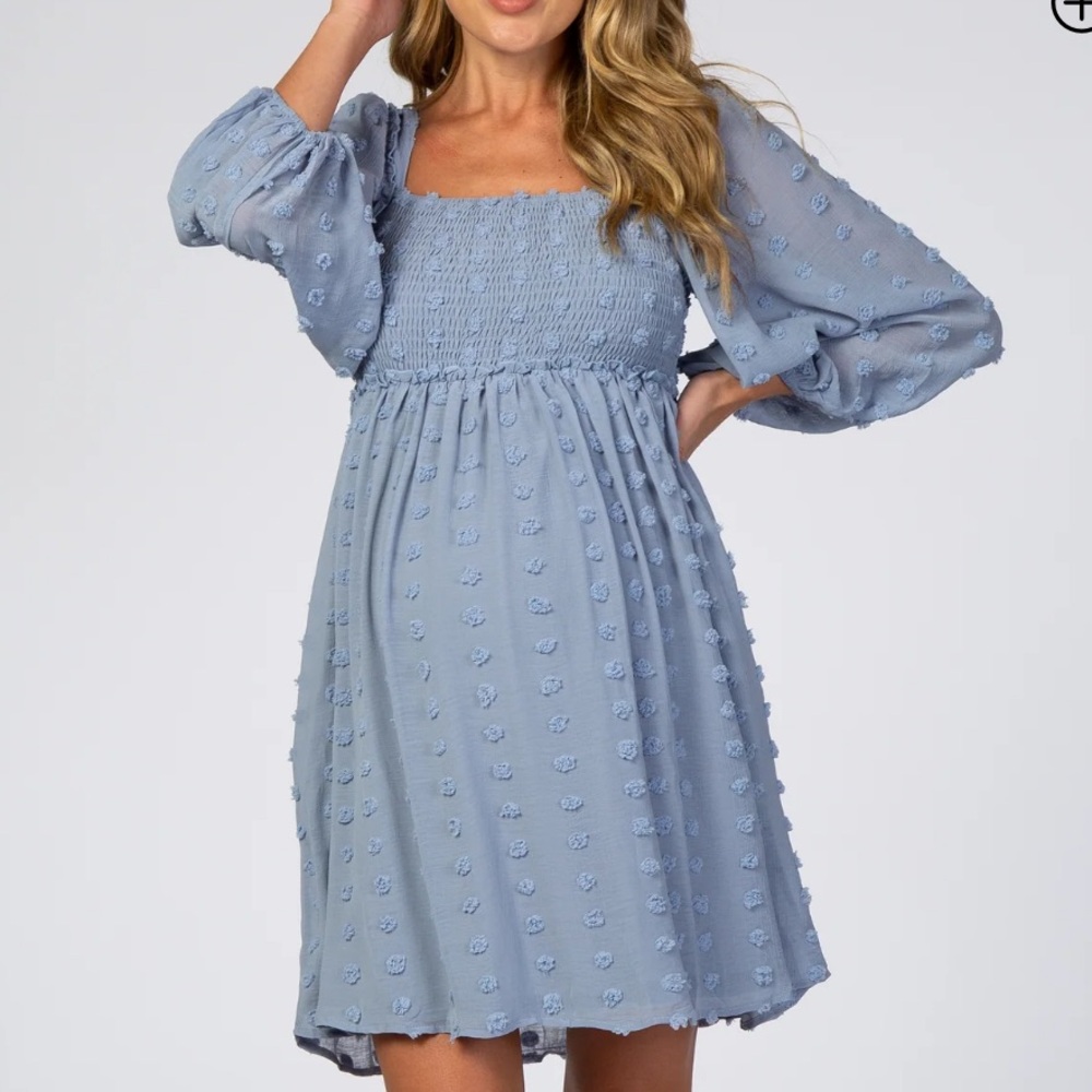 Light Blue Textured Dot Square Neck Chiffon Maternity Dress